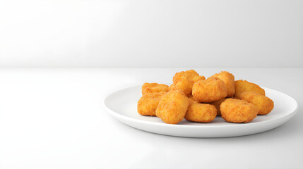 Crispy chicken nuggets on white plate with copy space for text