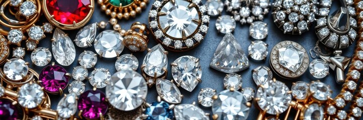 Assorted sparkling jewels on a sleek grey background, arrangement, precious stones, expensive