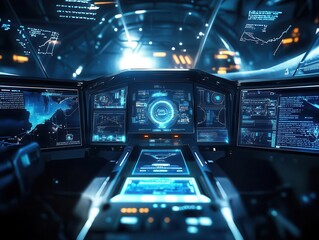 futuristic unmanned vehicle cockpit, showcasing an array of digital screens and controls, designed for autonomous navigation. the sleek design emphasizes innovation and advanced technology