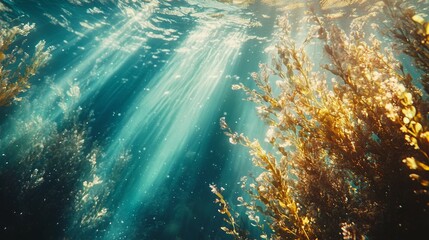 Fototapeta premium Abstract Underwater Scene with Dreamlike Light Rays and Floating Particles