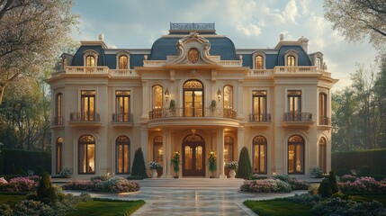 Fototapeta premium Elegant mansion with intricate architecture and landscaped gardens.
