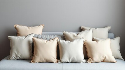 Assortment of grey cushions arranged on a neutral background, texture, squares, decorative