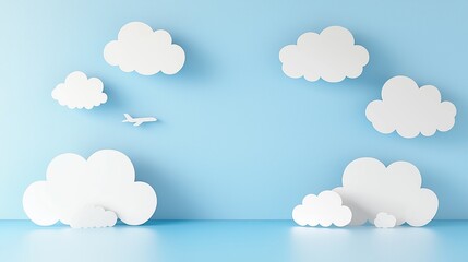Minimalist sky scene with clouds and airplane on blue background