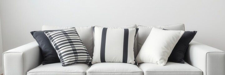 Assortment of grey cushions on a plain background, decorative pillows, comfort, modern
