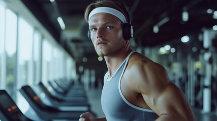 Fit man jogging on a treadmill