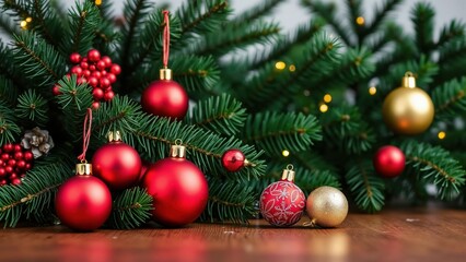Festive holiday scene with red and gold christmas ornaments and pine branches.