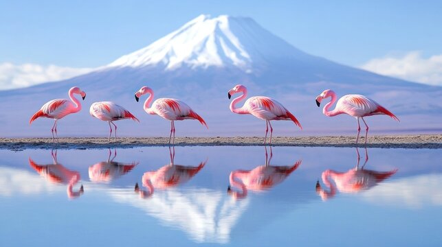 Snowy Licancabur volcano in Andes montains reflecting in the wate of Laguna Chaxa with Andean flamingos, Atacama salar landscape, Chile