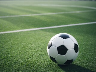 Fototapeta premium soccer ball sits on green grass of stadium field.