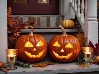 Obraz premium Two carved pumpkins with glowing faces sit on a porch with candles and autumn leaves.