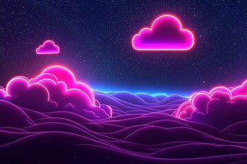 Neon Dreamscape: Vibrant Clouds Above Cosmic Waves