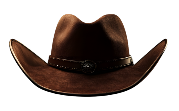 a cowboy hat made of dark brown leather, isolated on a transparent background