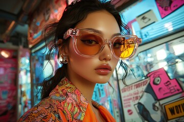 Stylish woman in trendy sunglasses posing in vibrant urban setting