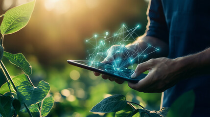 A modern farmer analyzing crop health in a soybean field using a digital tablet for precision agriculture. Emphasizing the role of technology in farming, this image highlights agri