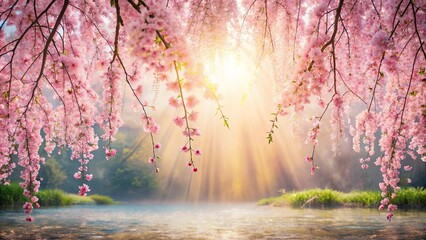 Fototapeta premium Serene Springtime Landscape with Pink Blossoms Overhanging Calm Water Under Golden Sunlight