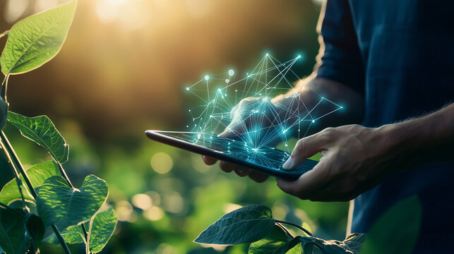 A modern farmer analyzing crop health in a soybean field using a digital tablet for precision agriculture. Emphasizing the role of technology in farming, this image highlights agri