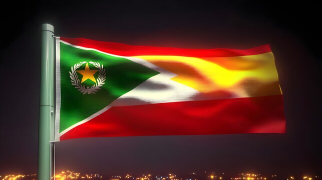 Vibrant and Dynamic Flag of South Sudan Waving Against a Night Sky, Representing National Identity, Freedom, and Cultural Heritage with Glowing City Lights in the Background