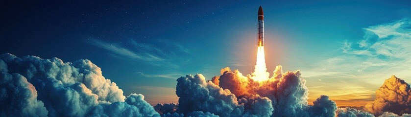 A rocket launches into the sky, surrounded by clouds, illuminating the horizon with bright flames against a stunning sunset backdrop.