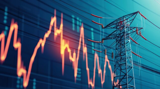 High Voltage Power Lines with Stock Market Graph Overlay Representing the Intersection of Energy Sector and Financial Markets in Modern Economy