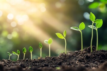 Sprout Growth. Seedling growing steps. Development Process. Saplings sprouting in the rich soil on a blurred green natural background, sunlight. Positive indicators business success concept. Planting