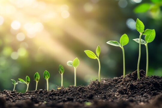 Sprout Growth. Seedling growing steps. Development Process. Saplings sprouting in the rich soil on a blurred green natural background, sunlight. Positive indicators business success concept. Planting
