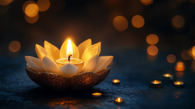 lotus flower candle glowing softly on a golden-blue bokeh background, symbolizing peace, purity, and enlightenment