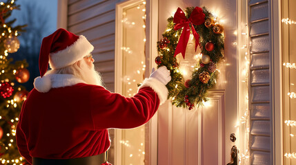 Santa Claus knocking on a warmly decorated door with a wreath and holiday lights. Perfect for...