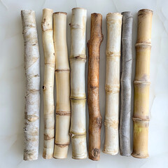 Fototapeta premium Seven assorted natural wood and bamboo sticks arranged vertically.