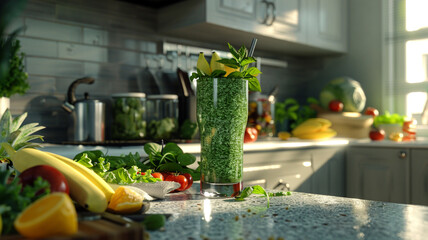 A glass of green smoothie with spinach, kale, and bananas, showcasing a clean, eco-friendly approach to healthy eating.