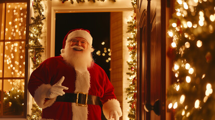 A nostalgic view of Santa Claus at the door of a warmly lit home, decorated with garlands and lights, bringing holiday cheer. Suitable for articles on holiday warmth, Christmas sur