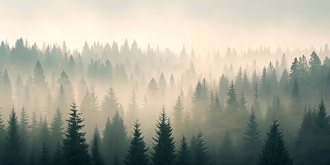Obraz premium Misty morning in a dense evergreen forest, shrouded in fog, creating a serene and mystical atmosphere.