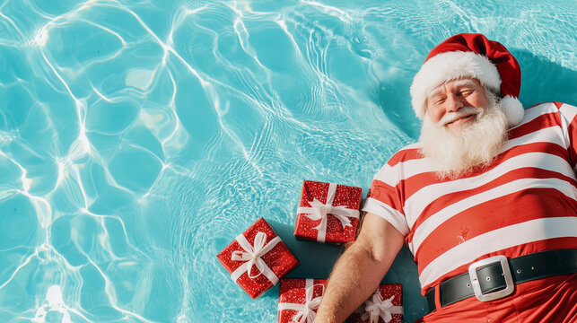 Santa Claus enjoying a sunny holiday by the pool, dressed in a striped red and white outfit, dipping his feet in the water, with a pile of festive gifts beside him. Perfect for tro