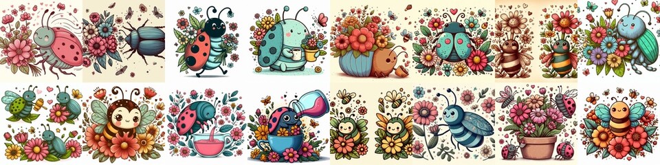 Fototapeta premium Cartoon bugs and flowers. AI generated illustration