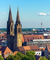 Stunning aerial view of medieval church towers piercing blue sky over a vibrant cityscape with modern structures and greenery in the foreground