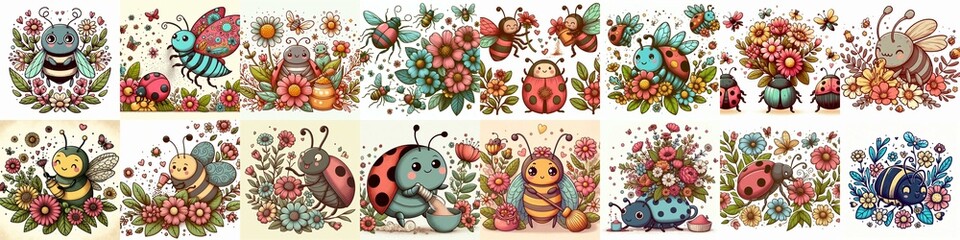 Naklejka premium Cartoon bugs and flowers. AI generated illustration