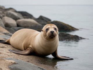 Solitary Sea Lion Resting on Rocky Shoreline.