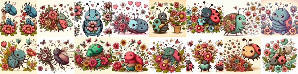 Cartoon bugs and flowers. AI generated illustration
