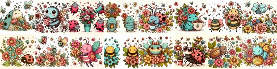 Fototapeta premium Cartoon bugs and flowers. AI generated illustration