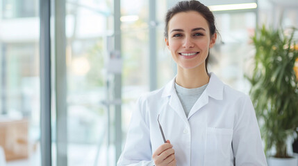 Young woman dentist in a white coat holding dental tools, prepared for a dental procedure in a clean, bright clinic.dental tools, dentist at work, healthcare professional, dental c