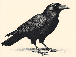 Fototapeta premium Black and white retro illustration with crow. Black bird.