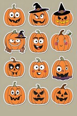 Fototapeta premium A Collection of Twelve Whimsical Halloween Pumpkins: Spooky and Cute Jack-o'-Lantern Stickers for Autumn Festivities