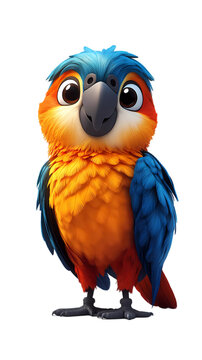 Parrot cartoon isolated on transparent background. png. clipart. Colorful animated parrot with detailed feathers and cheerful demeanor, showcasing a playful character design for creative uses
