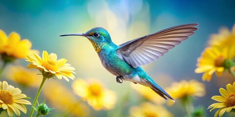 Obraz premium Vibrant Hummingbird in Flight Among Bright Yellow Flowers with a Soft Focus Background Creating a Beautiful Nature Scene