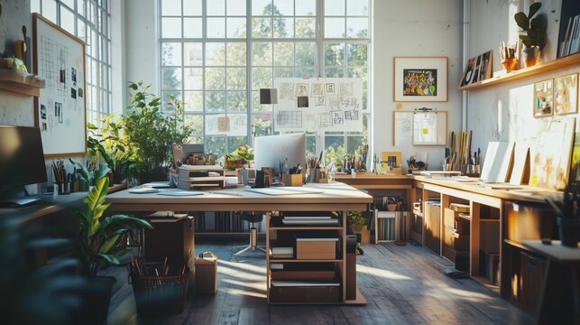 Artistic office vibes creative sketch environment with minimalist desk and pastel decor, featuring scattered sketches and drawing tool on clean surface