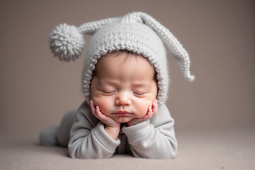 Baby newborn sleep gray fuzzy onesie Santa hat tiny hands