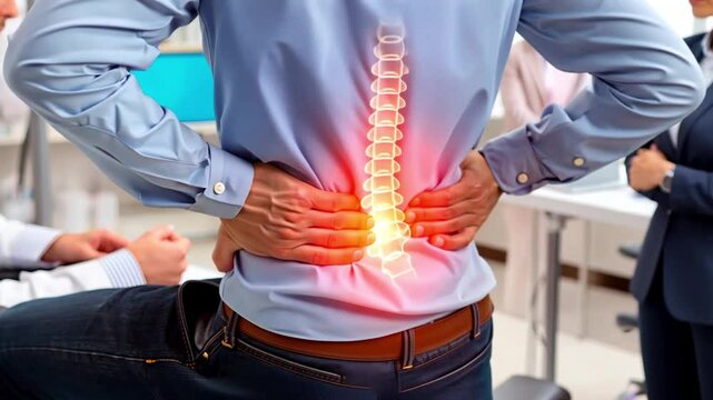 Man experiencing lower back pain with spine highlighted in an office setting. Concept of discomfort, health issues, and need for medical attention.