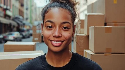Smiling African American woman packing boxes for a house move in an urban setting. Concept of relocation, new beginnings, and positive transition.
