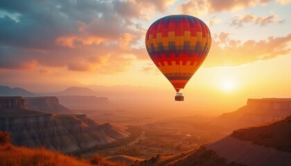 Obraz premium Colorful hot air balloon flying over scenic landscape during sunset, breathtaking view with mountains, copy space 