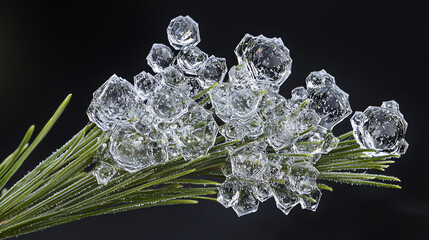 A cluster of intricate frost crystals formed on a pine needle in a winter forest at dawn, showcasing stunning nature's artistry