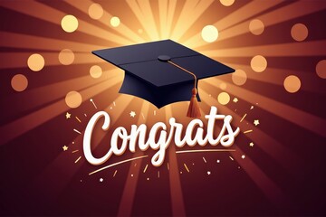 Graduation celebration with cap and congrats message on festive background.