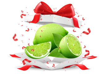 Green lime fruit in open gift box with a red bow isolated on transparent background. Fresh juicy lime as a gift. Ripe fruits for healthy eating. Realistic 3d vector illustration.